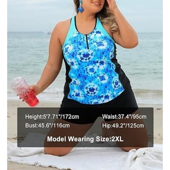 Angel Season Womens Plus Size Zipper Tankini Top Racerback Blue Tie-Dye Size XL - Picture 6 of 10